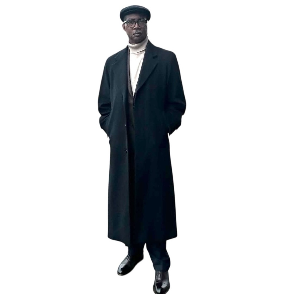 Mens 100% Cashmere Navy Blue Full Length Topcoat Size 48 Designer Trench Coat